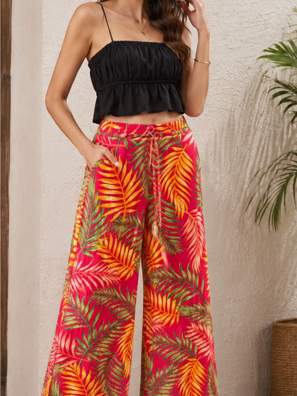 🌴 Palazzo Tropical Pants EST. 1946 Woman Size M Color Pink MulticolorA 7